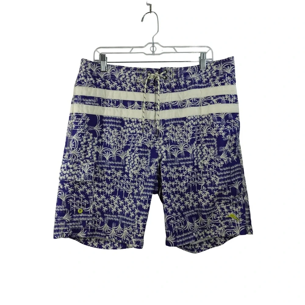 Tommy Bahama Swim Trunks Mens L Blue Palm Print Mesh Lined Drawstring Waist